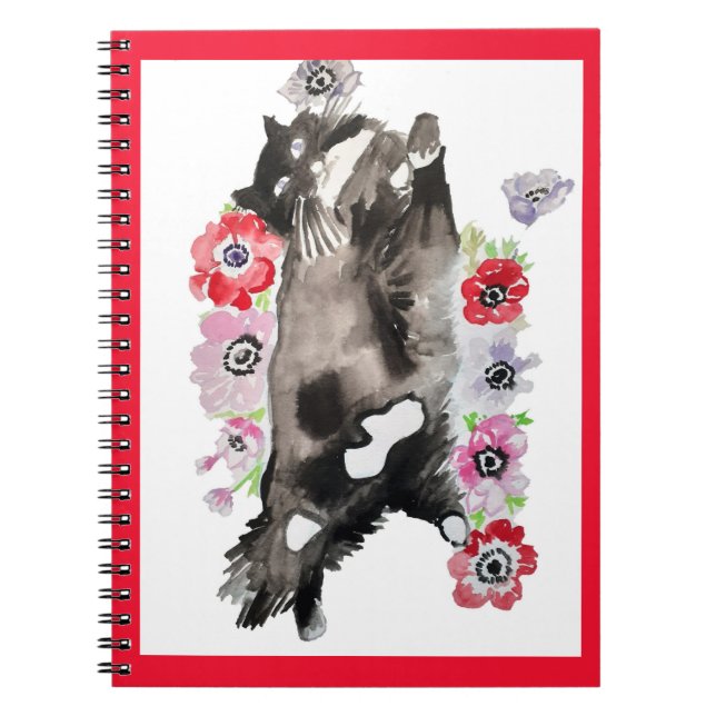 Carnet Tuxedo Chat Cute Jolie Fleurs Chats Aquarelle (Devant)