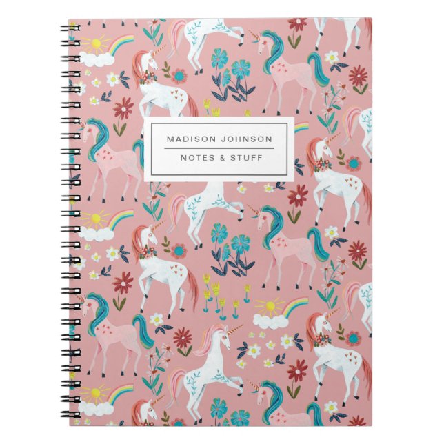 Carnet Unicorn rose mignon fille arc-en-ciel magique (Devant)
