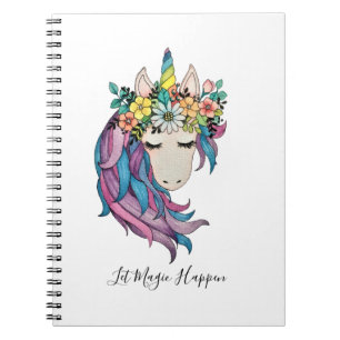 Carnet Unicorne Avec Fleurs sauvages En Aquarelle