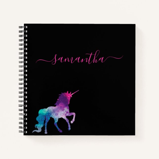 Carnet Unicorne violet rose noir script monogramme (Devant)