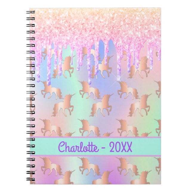 Carnet Unicorns rose menthe gouttes nom holographique fil (Devant)