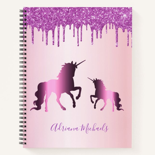 Carnet Unicorns rose violet nom de la parties scintillant (Devant)