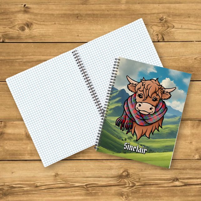 Carnet Vache Highland avec Sinclair Écharpe rouge Tartan (Créateur téléchargé)