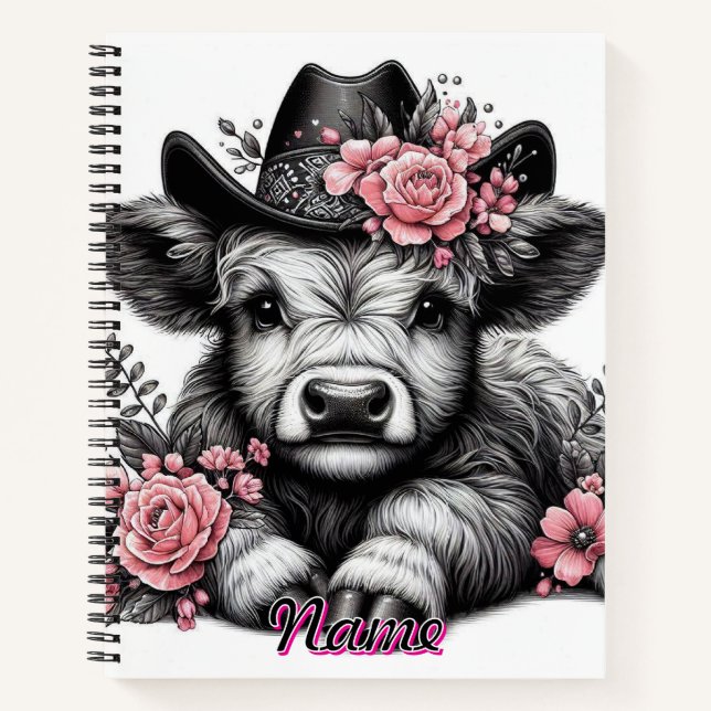 Carnet Vache Highland en Casquette avec décoration floral (Devant)