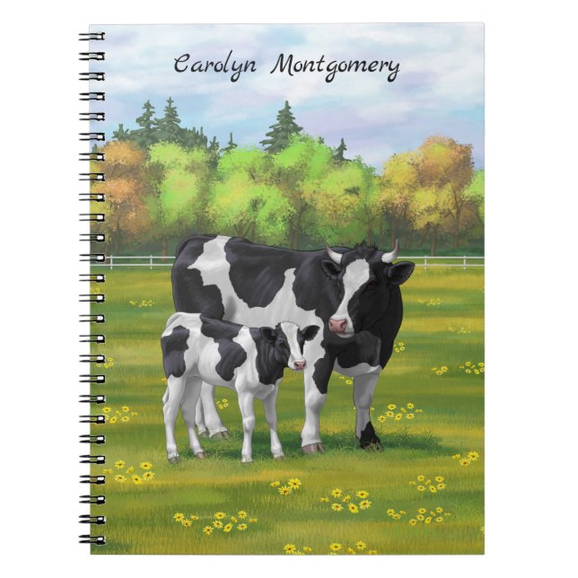 Carnet Vache Holstein et veau mignon en pâturage d'été (Devant)