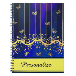 Carnet Vague florale dorée personnalisée et rayures bleue