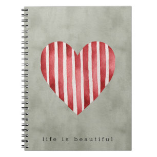 Carnet Vert olive Rouge Crème Rayures Cœur