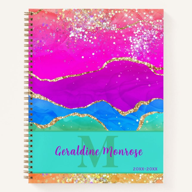 Carnet Vibrant Rainbow Agate Gold Parties scintillant (Devant)