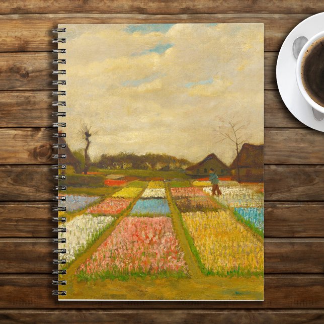 Carnet Vincent van Gogh Lits à fleurs en Hollande (Van Gogh Flower Beds in Holland Notebook on Rustic Brown Wood Tabletop with Coffee)