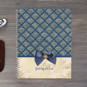 Carnet Vintage Marine Gold Elegant Damask Look avec nom