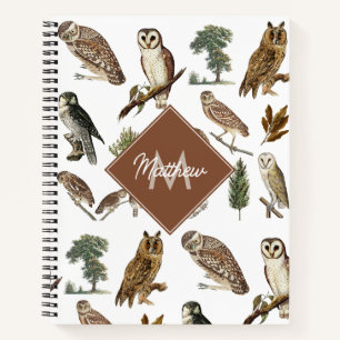 Carnet Vintage Owl Watercolor Forest Motif Monogramme