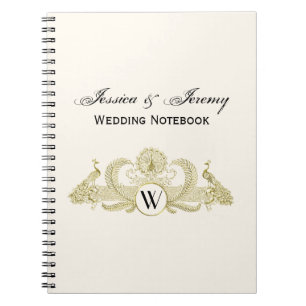 Carnet Vintage Paons Monogramme Ivoire Or Faux BG