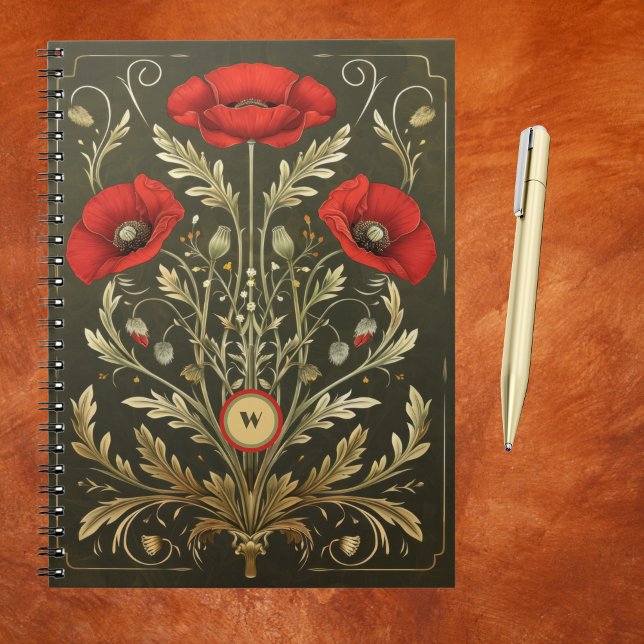 Carnet Vintage Poppies Gold Red Art Nouveau Monogram (Créateur téléchargé)