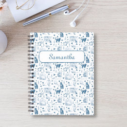 Carnet Vintage Retro Toile Motif Chat Catnip Blanc Bleu