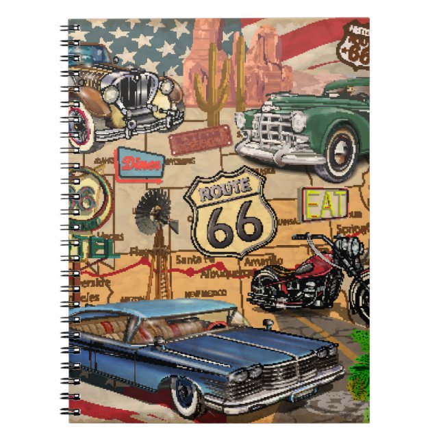 Carnet Vintage Route 66, affiche nostalgique. (Devant)