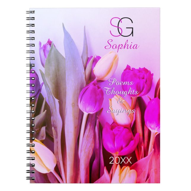 Carnet Violet jaune Tulipe rose Nom Monogramme Titre Anné (Devant)