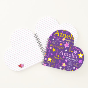 Carnet Violet rose jaune filles nom Amelia étoiles motif