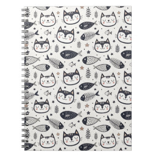 Carnet Visage de Chat Mignon & Motif d'Os de Poisson - De