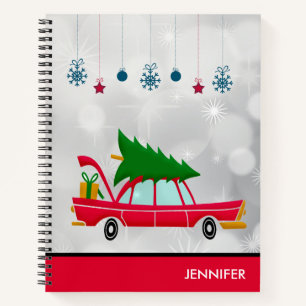 Carnet Voiture rouge rétro portant un arbre de Noël