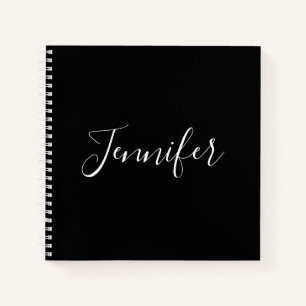 Carnet Votre nom   Élégant script blanc sur noir