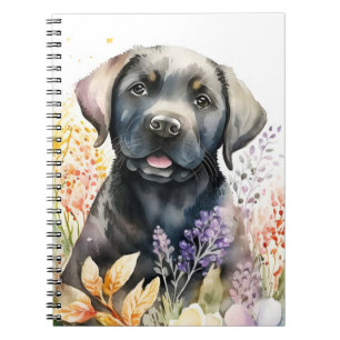 Carnet Watercolor Black Labrador Retriever and Flowers