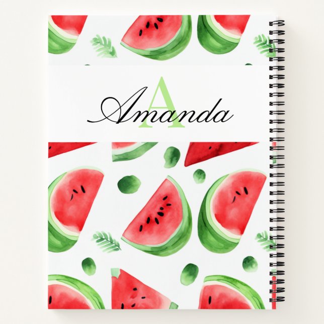 Carnet Watercolor Green Watermelon Slices Girl Monogramme (Dos)