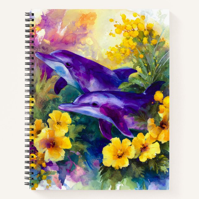 Carnet Watercolor Ocean Dolphins Tropical Flowers (Devant)