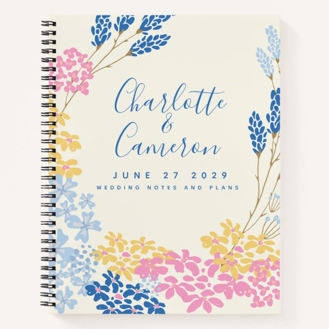 Carnet Wedding planner personnalisé élégant floral bleu (Devant)