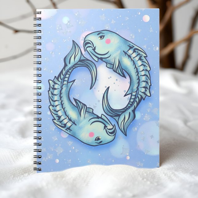 Carnet Whimsical Pisces Fish Dreamy Girly Sea Green Blue (Whimsical Pisces fish notebook with dreamy sea colors, blush cheeks, and sparkling bubbles.)
