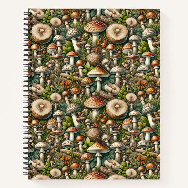 Carnet Whispering Woods : Motif de champignons sans soudu (Devant)