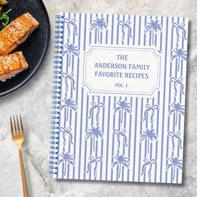 Carnet White Blue Coastal Chic Stripes Family Recipe Book (In situ)