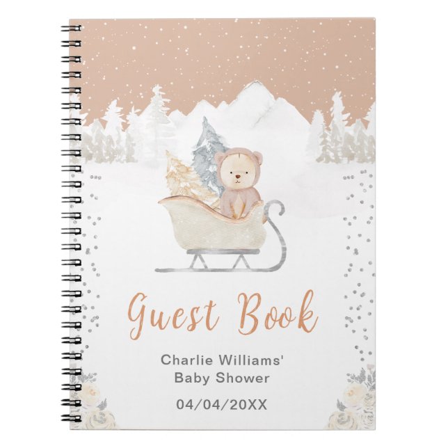 Carnet Winter Bear Brown Sleigh Baby shower d'invité Livr (Devant)