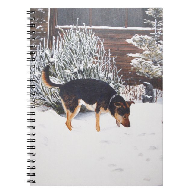Carnet Winter snow scene with cute black and tan dog (Devant)