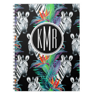 Carnet Zèbre et monogramme exotique du motif de fleurs  