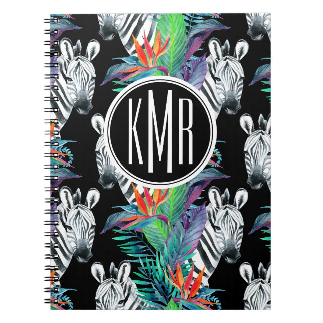 Carnet Zèbre et monogramme exotique du motif de fleurs | (Devant)