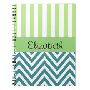 Carnet Zigzag Bleu, Chevron, Grandes Vertes, Votre Nom
