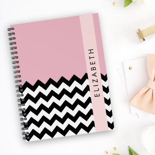 Carnet Zigzag noir et blanc, Chevron, rose, Votre nom