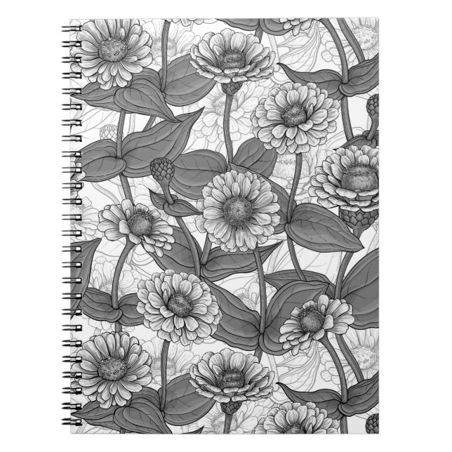 Carnet Zinnias, monochrome sur blanc (Devant)