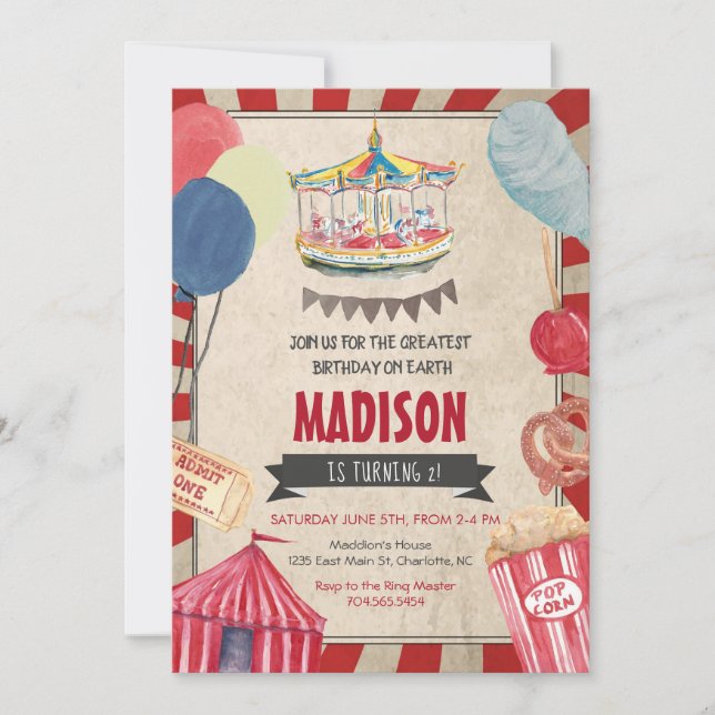 Carnival Birthday Invitation, Circus Birthday Invitation (Front)