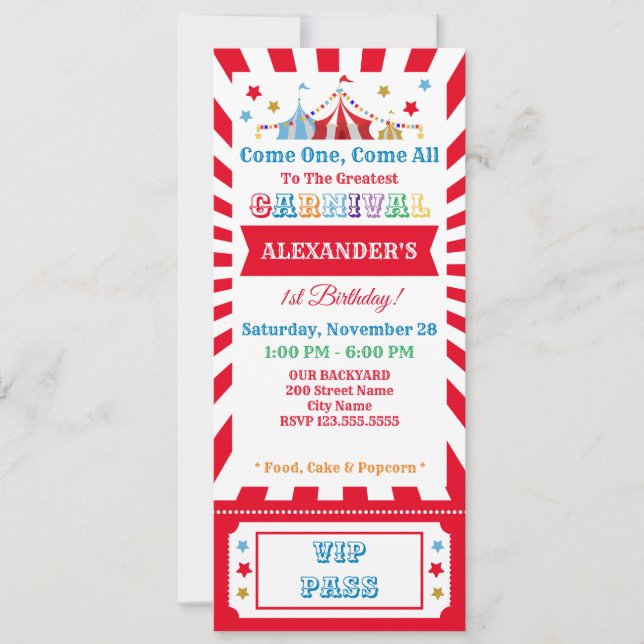 Carnival Birthday Party Ticket Invitation (Front)