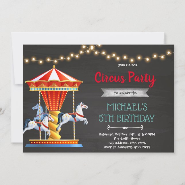 Carnival carousel birthday party invitation (Front)
