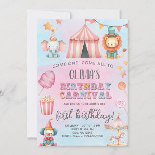 Carnival / Circus pink girl birthday invitation. Invitation