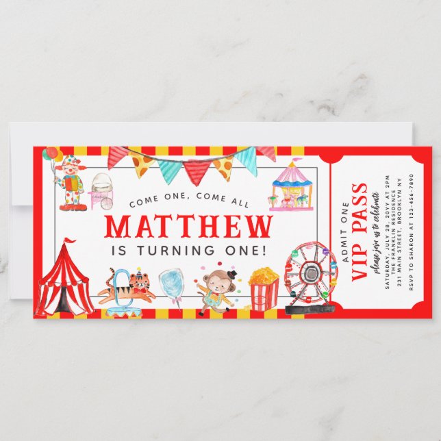 Carnival Circus Show Ticket Entrance Kids Birthday Invitation (Front)