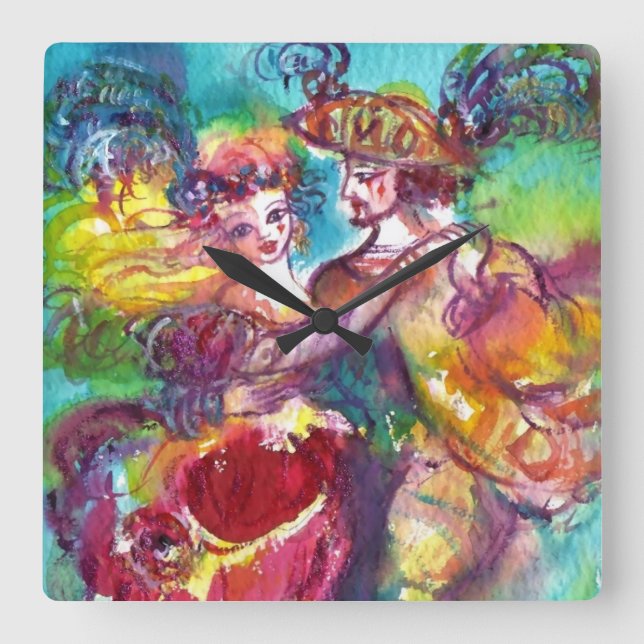 CARNIVAL DANCE Venetian Masquerade Ball Square Wall Clock (Front)