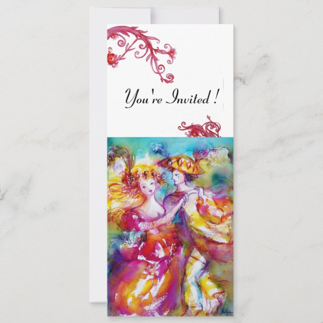 CARNIVAL DANCE vibrant blue red flourish white Invitation (Front)