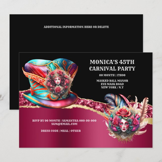 Carnival fantasy ladies rose feathers burgundy  invitation (Front/Back)