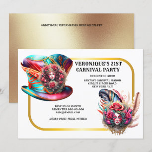 Carnival fantasy ladies rose feathers cirque gold invitation