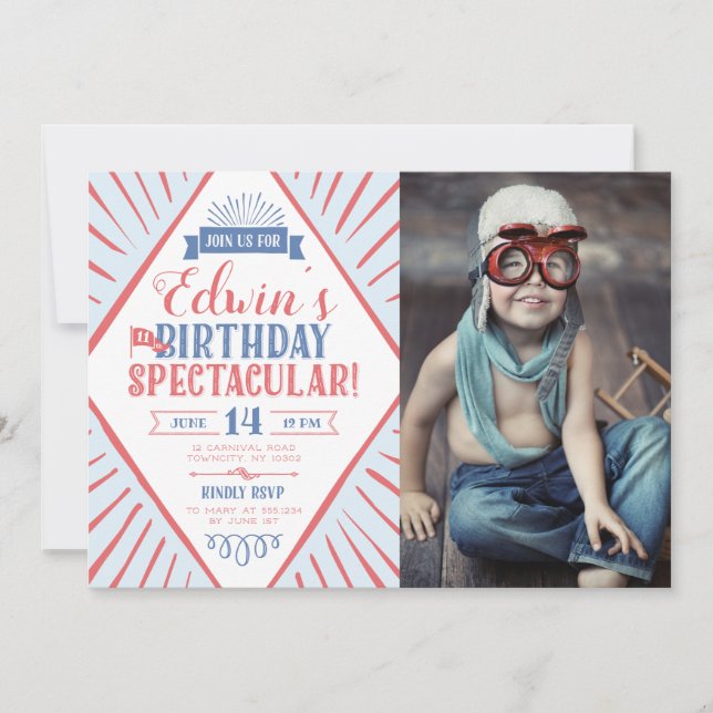 Carnival Kid Birthday Spectacular Geo Ticket Photo Announcement (Front)