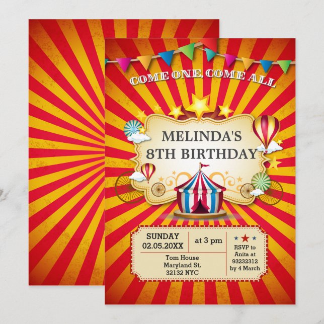 Carnival kids circus Birthday party invitations (Front/Back)
