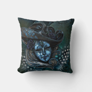 Carnival Mask-Blue Damask Throw Pillow